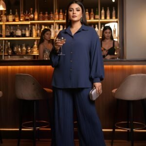 Moonlit Symphony Navy Blue Co-ord Dress. A pleated trouser set with balloon sleeve top in premium imported fabric