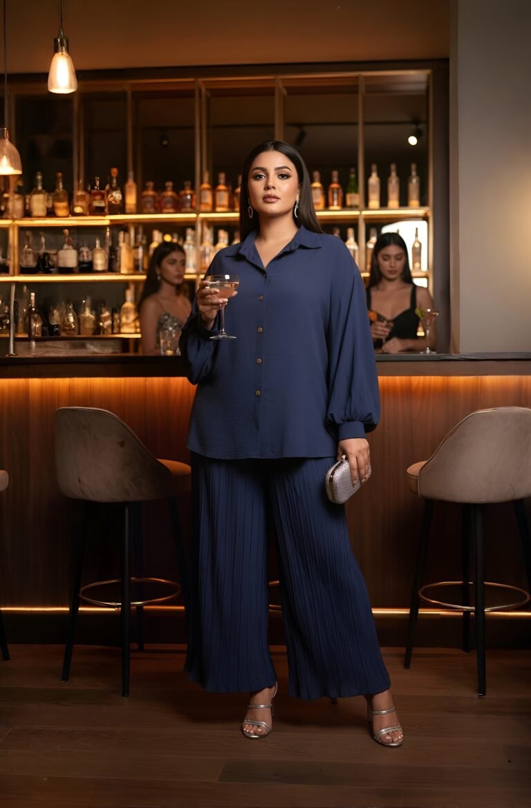 Moonlit Symphony Navy Blue Co-ord Dress. A pleated trouser set with balloon sleeve top in premium imported fabric