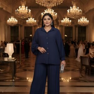 Moonlit Symphony Navy Blue Co-ord Dress. A pleated trouser set with balloon sleeve top in premium imported fabric