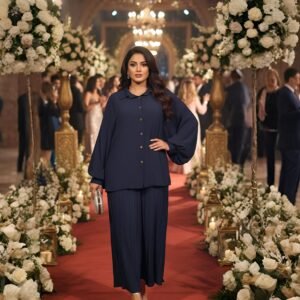 Moonlit Symphony Navy Blue Co-ord Dress. A pleated trouser set with balloon sleeve top in premium imported fabric