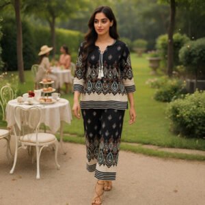 Elegant two-piece women co-ord outfit with tunic top & wide-leg pants