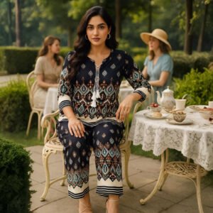 Elegant two-piece women co-ord outfit with tunic top & wide-leg pants