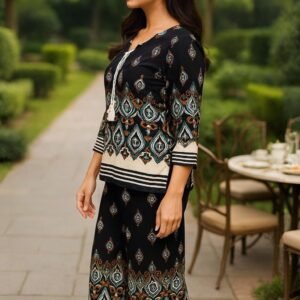 Elegant two-piece women co-ord outfit with tunic top & wide-leg pants