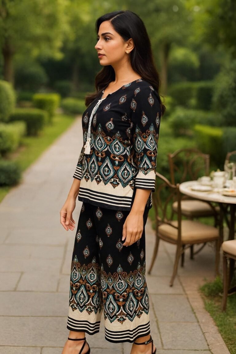 Elegant two-piece women co-ord outfit with tunic top & wide-leg pants