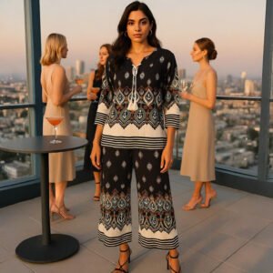 Elegant two-piece women co-ord outfit with tunic top & wide-leg pants