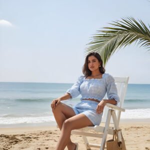 Stylish sky blue co-ord dress with shorts and ruffle details – vacation wear