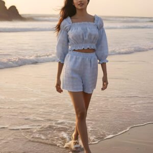Stylish sky blue co-ord dress with shorts and ruffle details – vacation wear