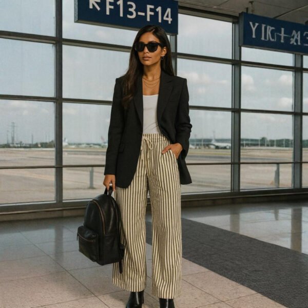 Women’s wide-leg palazzo pants in ivory and olive stripes styled for casual to chic looks