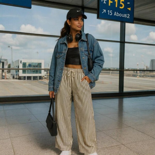 Women’s wide-leg palazzo pants in ivory and olive stripes styled for casual to chic looks