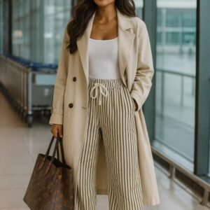 Women’s wide-leg palazzo pants in ivory and olive stripes styled for casual to chic looks