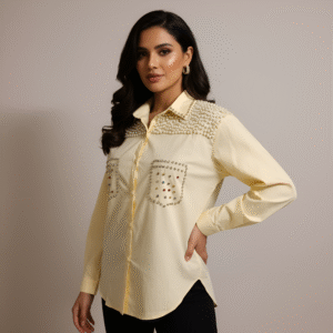 Luxury party shirt with pearls and crystal studded pockets