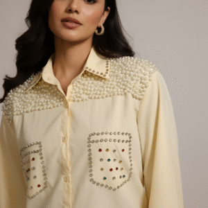 Luxury party shirt with pearls and crystal studded pockets