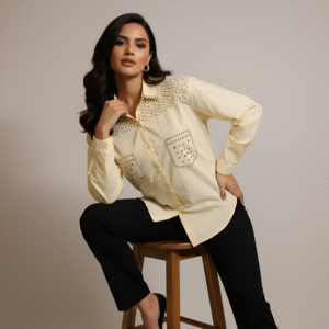 Luxury party shirt with pearls and crystal studded pockets