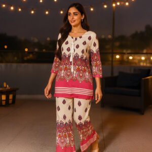 Premium imported fabric ivory pink co-ord dress for evening gatherings