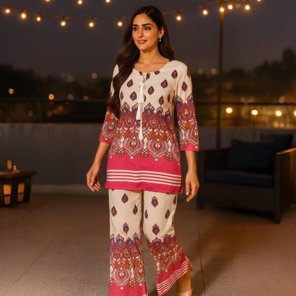 Premium imported fabric ivory pink co-ord dress for evening gatherings