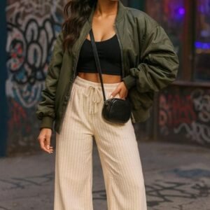 beige striped palazzo pants