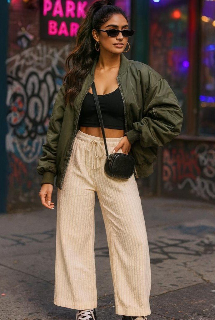 beige striped palazzo pants
