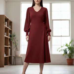 Wine Red Midi Dress with long puff sleeves and V-neckline – elegant evening wear