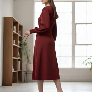Wine Red Midi Dress with long puff sleeves and V-neckline – elegant evening wear