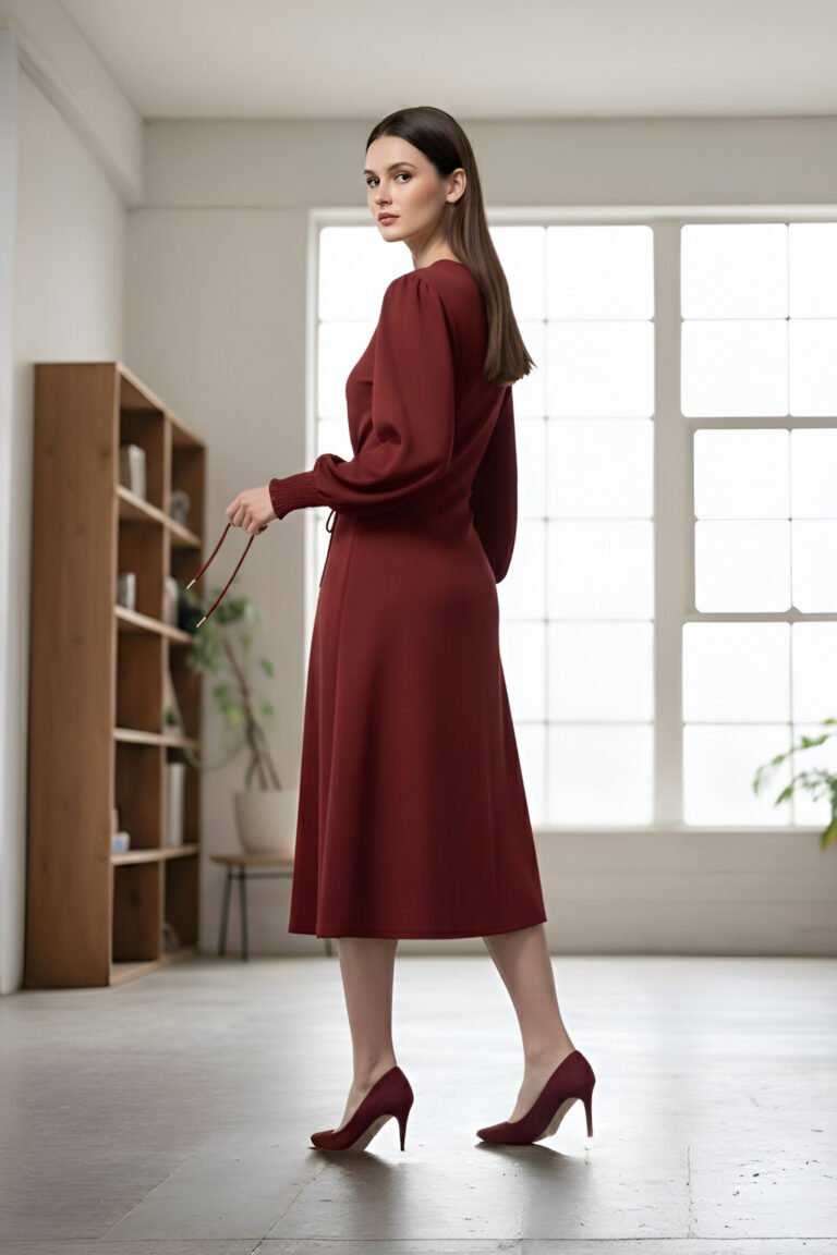 Wine Red Midi Dress with long puff sleeves and V-neckline – elegant evening wear