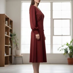 Wine Red Midi Dress with long puff sleeves and V-neckline – elegant evening wear