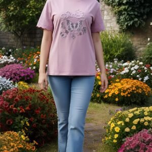 Stylish casual women’s top with glitter butterfly design