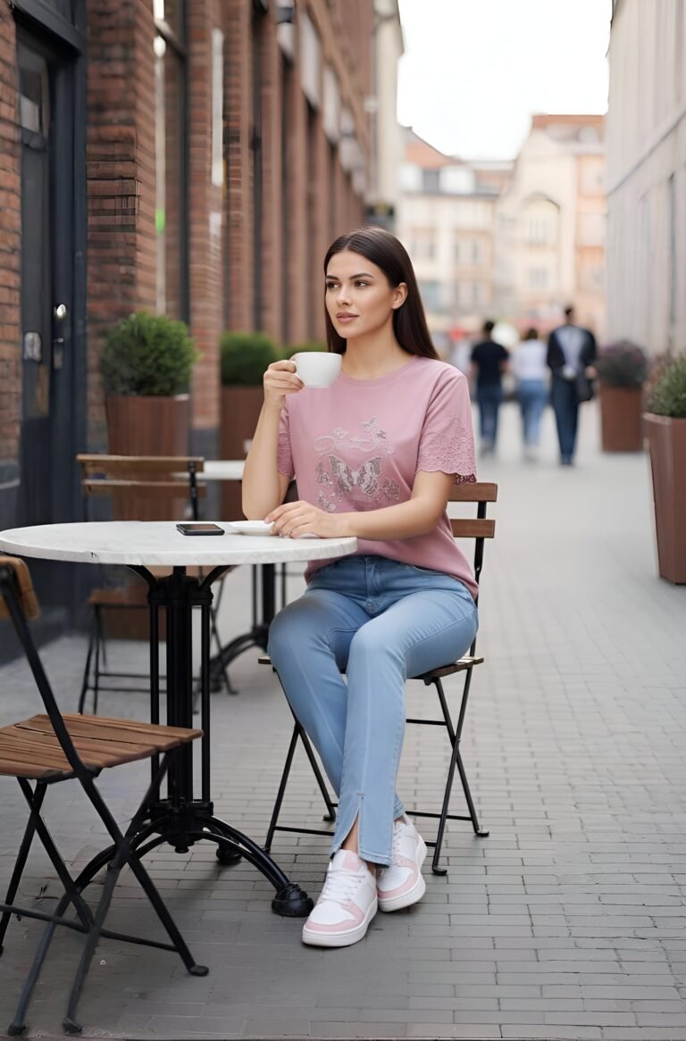 Stylish casual women’s top with glitter butterfly design