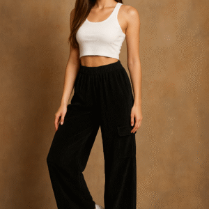 Women’s Black Wide-Leg Pants with Cargo Pockets – Modern & Elegant