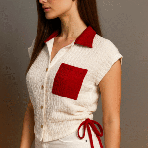 Women’s Convertible Crop Shirt | Ivory Textured Button Shirt with Red Contrast & Side Strings