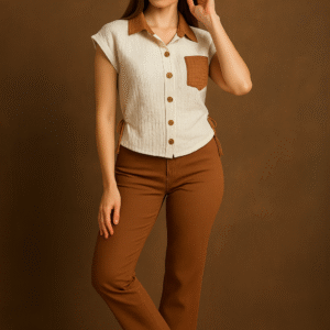 Women’s White Shirt with Camel Brown Contrast