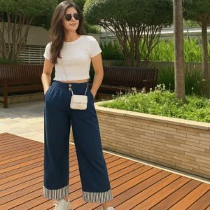 Navy Palazzo Pants - Striped Hem – Elegant Statement Bottom