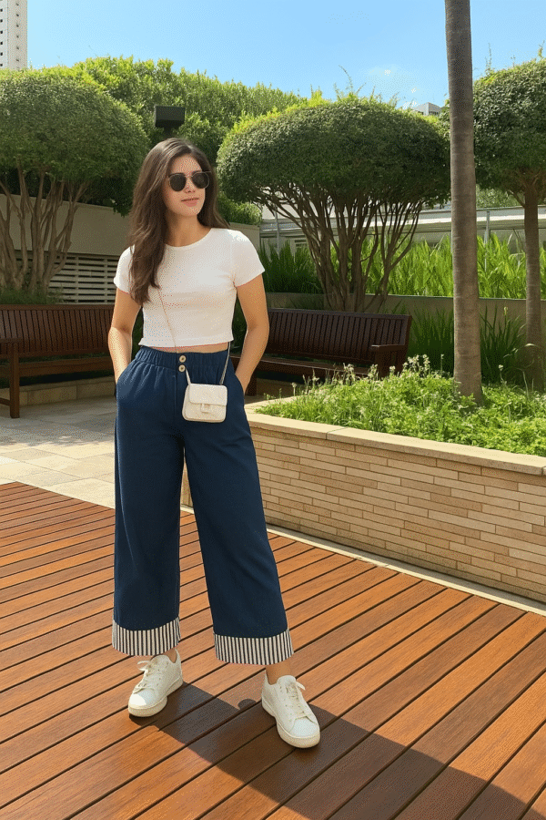 Navy Palazzo Pants - Striped Hem – Elegant Statement Bottom