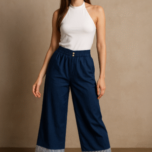 Navy Palazzo Pants - Striped Hem – Elegant Statement Bottom