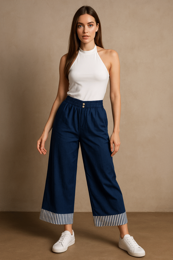 Navy Palazzo Pants - Striped Hem – Elegant Statement Bottom