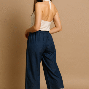 Navy Palazzo Pants - Striped Hem – Elegant Statement Bottom