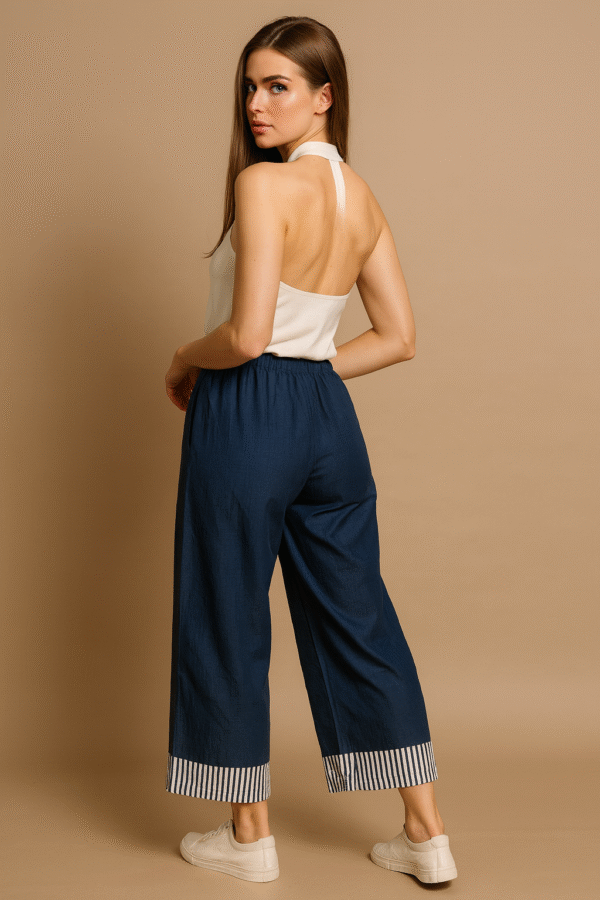 Navy Palazzo Pants - Striped Hem – Elegant Statement Bottom