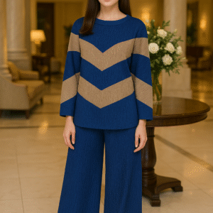 Woman wearing a blue and taupe chevron co-ord set with wide-leg pants