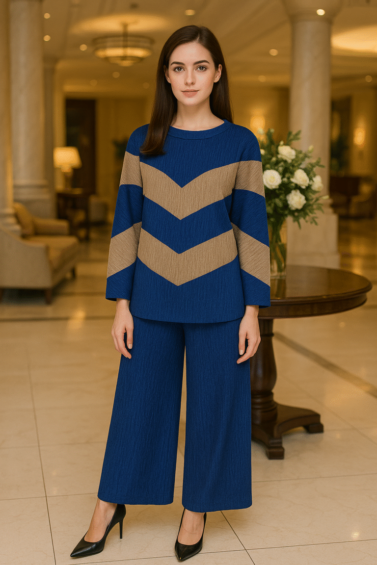 Woman wearing a blue and taupe chevron co-ord set with wide-leg pants