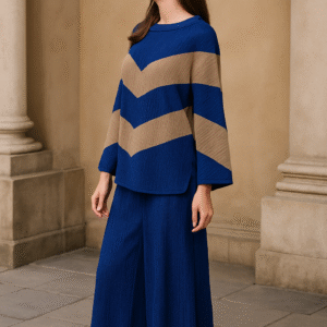 Woman wearing a blue and taupe chevron co-ord set with wide-leg pants