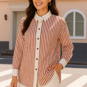 Model wearing red and ivory striped shirt with floral brooch