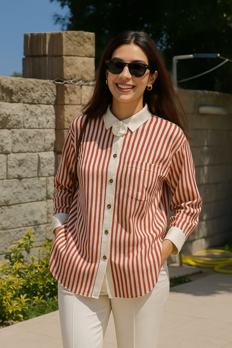 Model wearing red and ivory striped shirt with floral brooch
