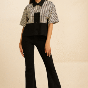 striped and solid women’s shirt with black collar