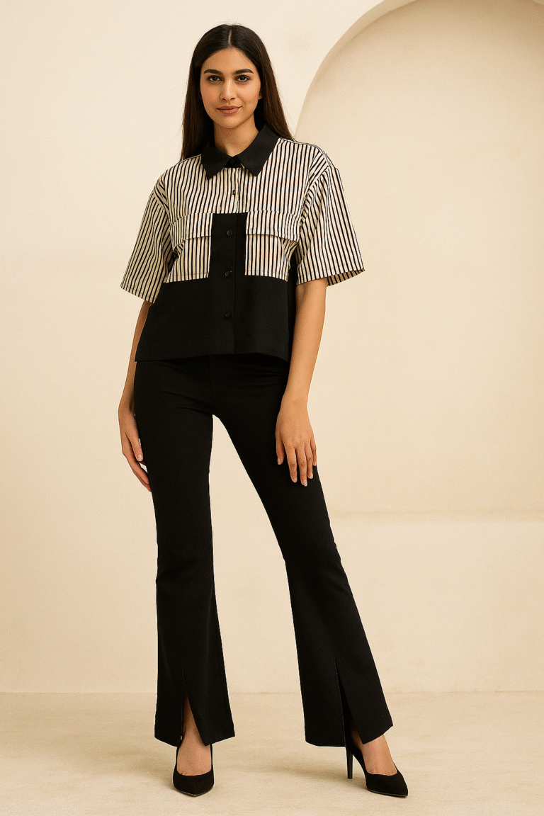 striped and solid women’s shirt with black collar