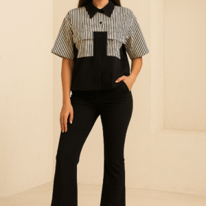 striped and solid women’s shirt with black collar