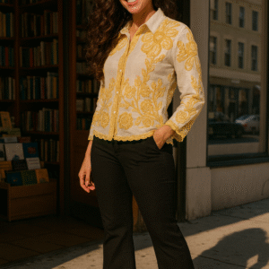 premium embroidered tissue silk-cotton shirt in golden floral design
