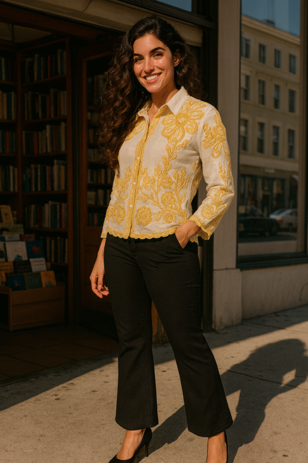 premium embroidered tissue silk-cotton shirt in golden floral design