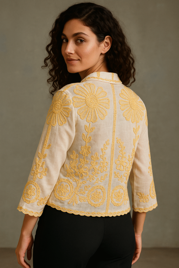 premium embroidered tissue silk-cotton shirt in golden floral design