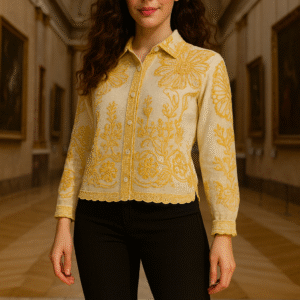premium embroidered tissue silk-cotton shirt in golden floral design