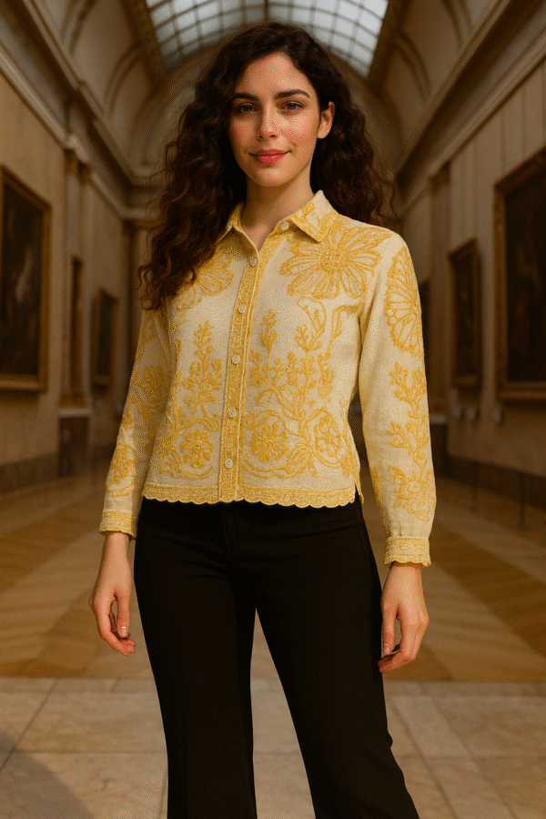premium embroidered tissue silk-cotton shirt in golden floral design