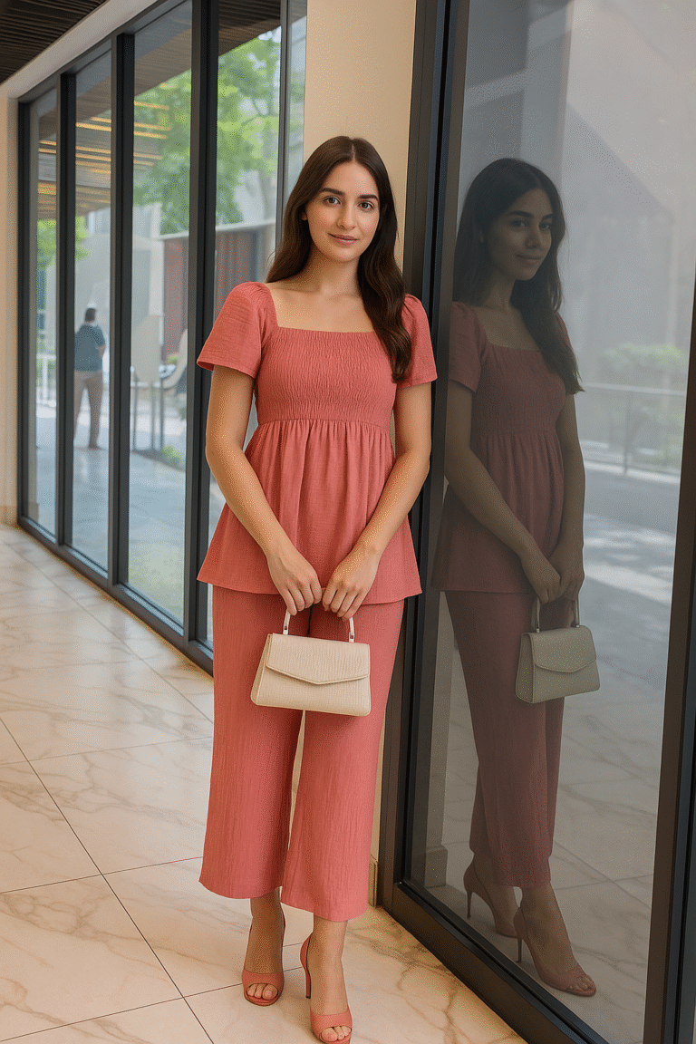 Coral smocked puff-sleeve co-ord set front view